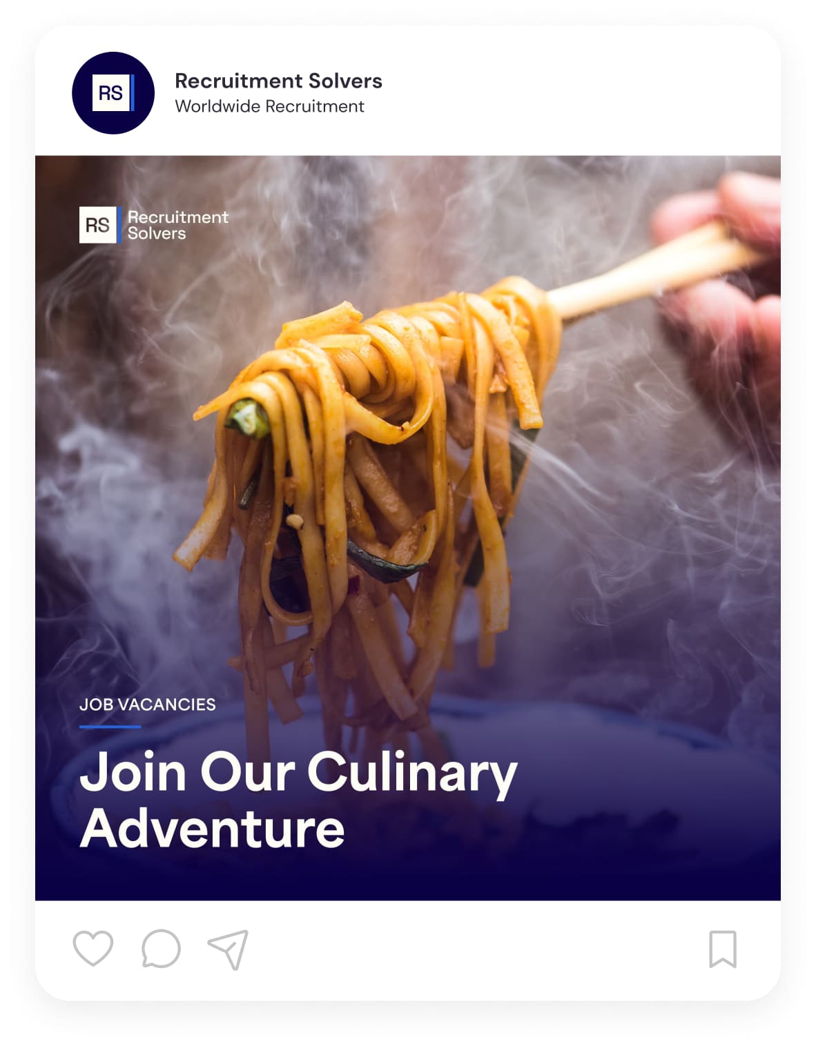 An instagram mockup up image containing bowl of hot, steamy noodles draped on a pair of chopsticks against a dark blue gradient