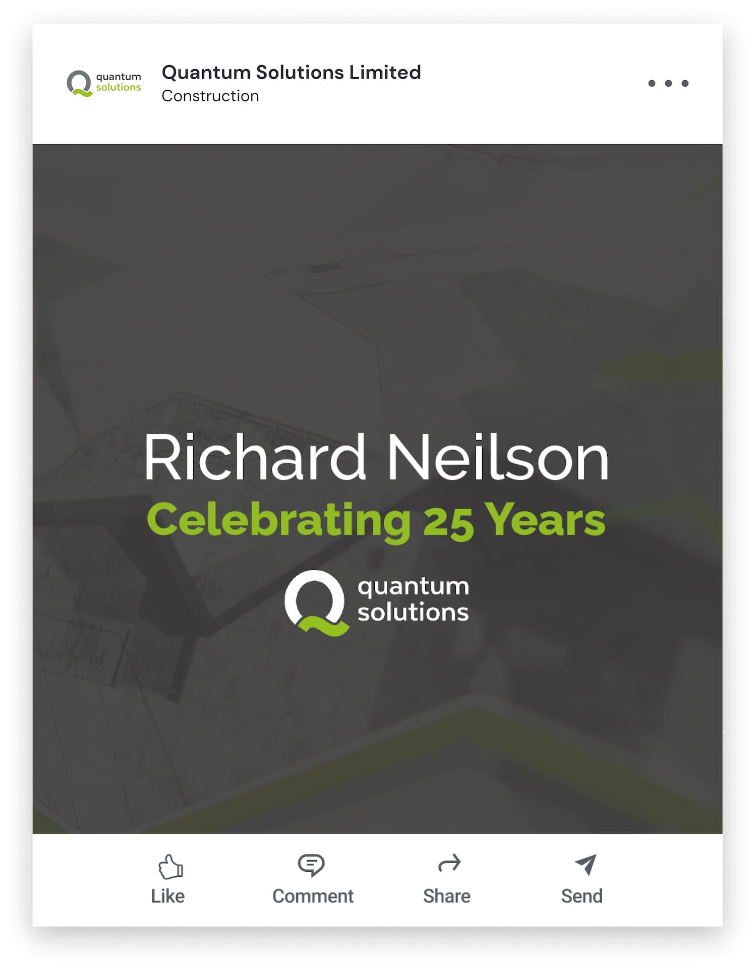 LinkedIn post illustrating a Quantum Solutions 'celebrating 25 years' post