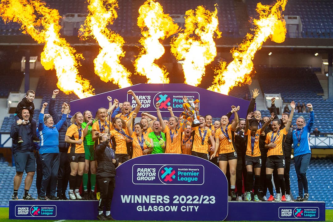 Glasgow City Women's Football Club celebrating winning the Scottish Women's Premier league 1 2023/24 Cup