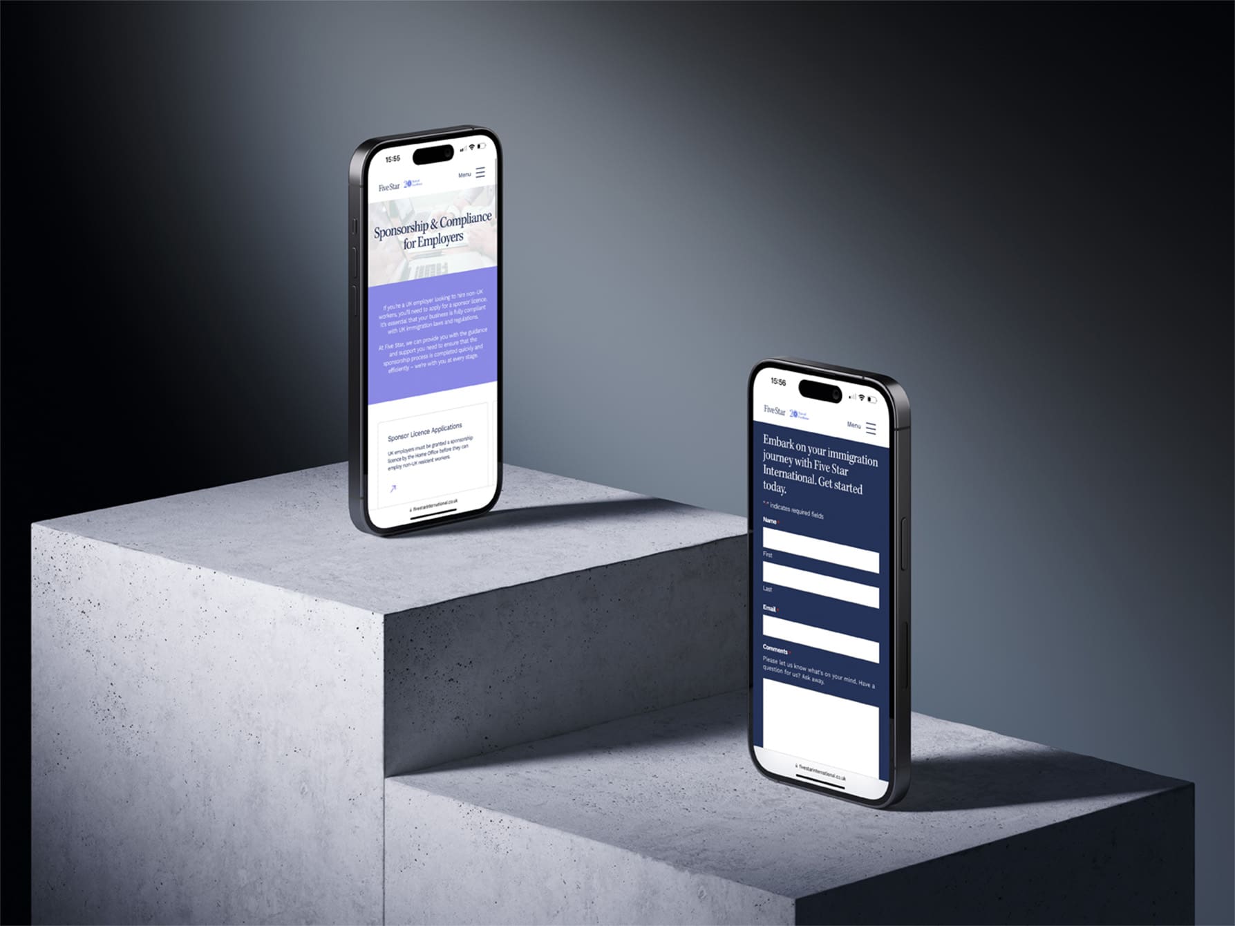 Two iPhone devices illustrating the Five Star International website