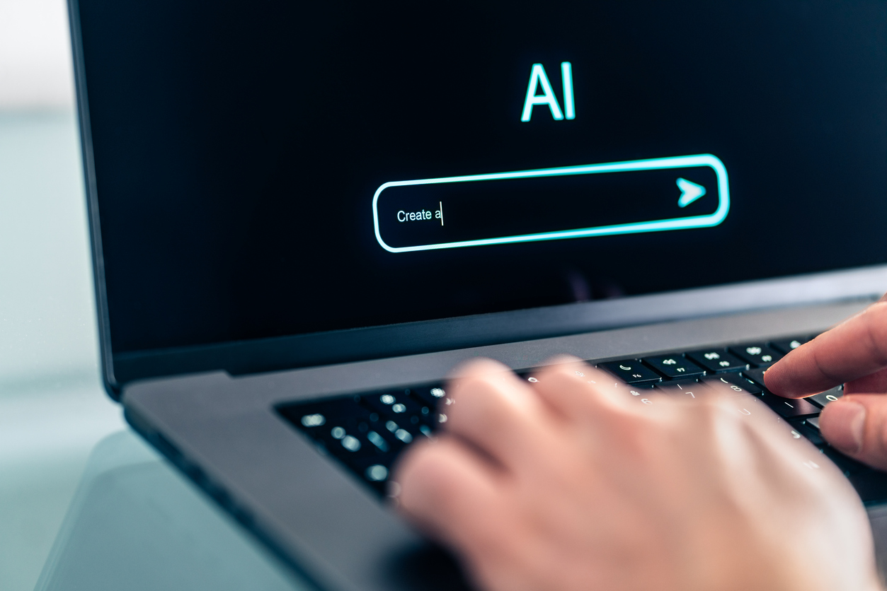 AI prompt chat bot. Search website to generate data, text or image. Man using computer with artificial intelligence app. Virtual assistant in digital creative work.