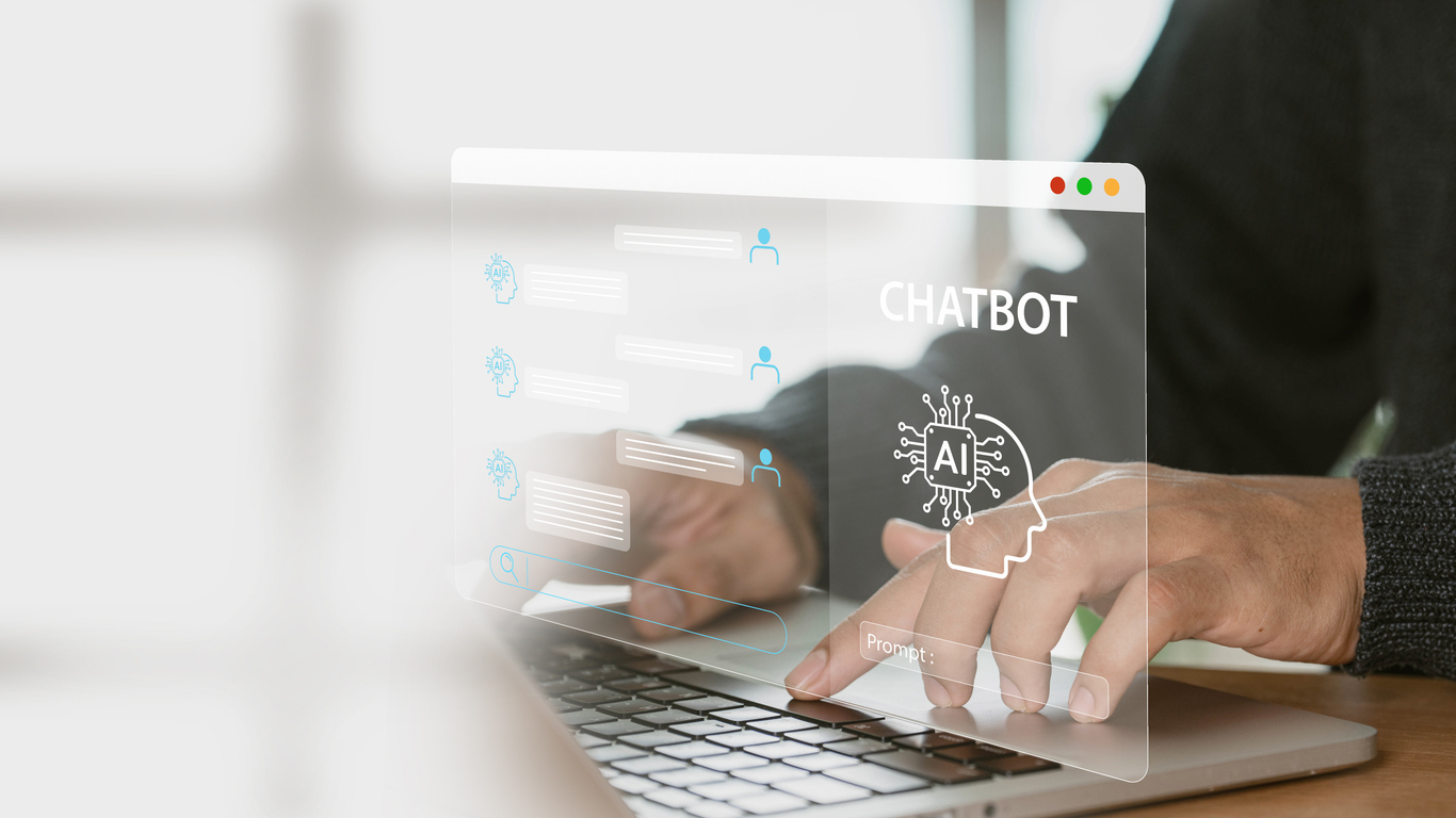 A businessman uses his home computer to show a virtual image chat with artificial intelligence (AI). transforming futuristic technology with the use of the command prompt.